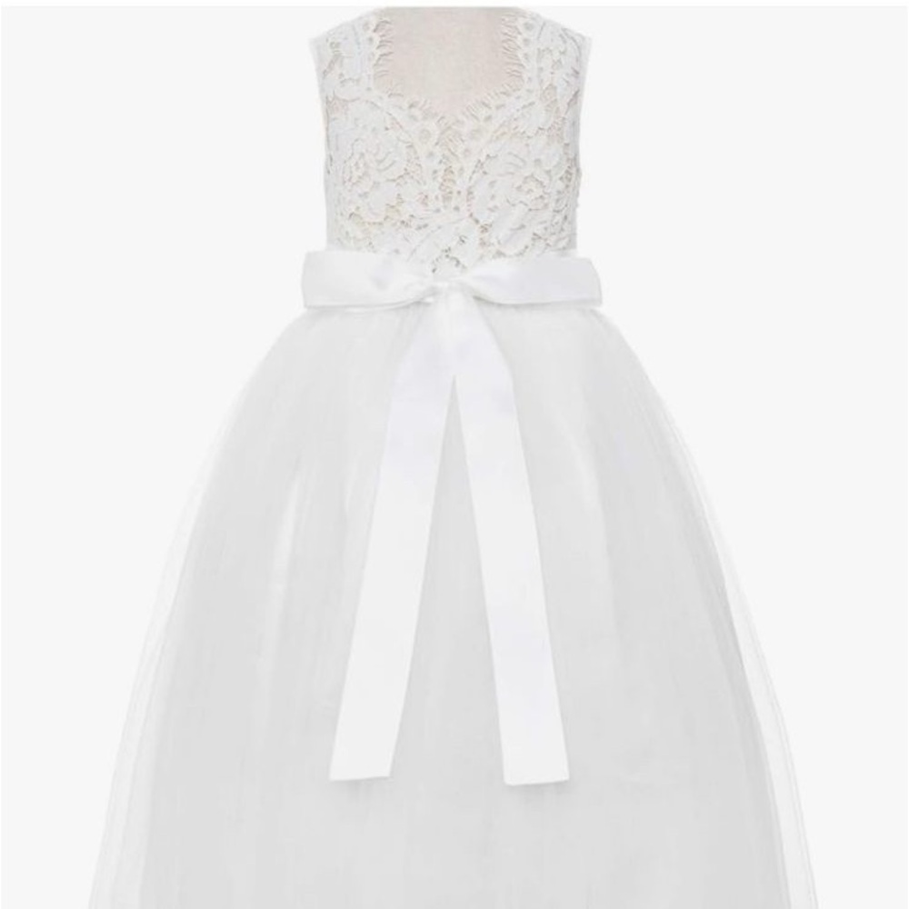Beautiful flower girl gown with tulle skirt satin waistband bow and lace bodice